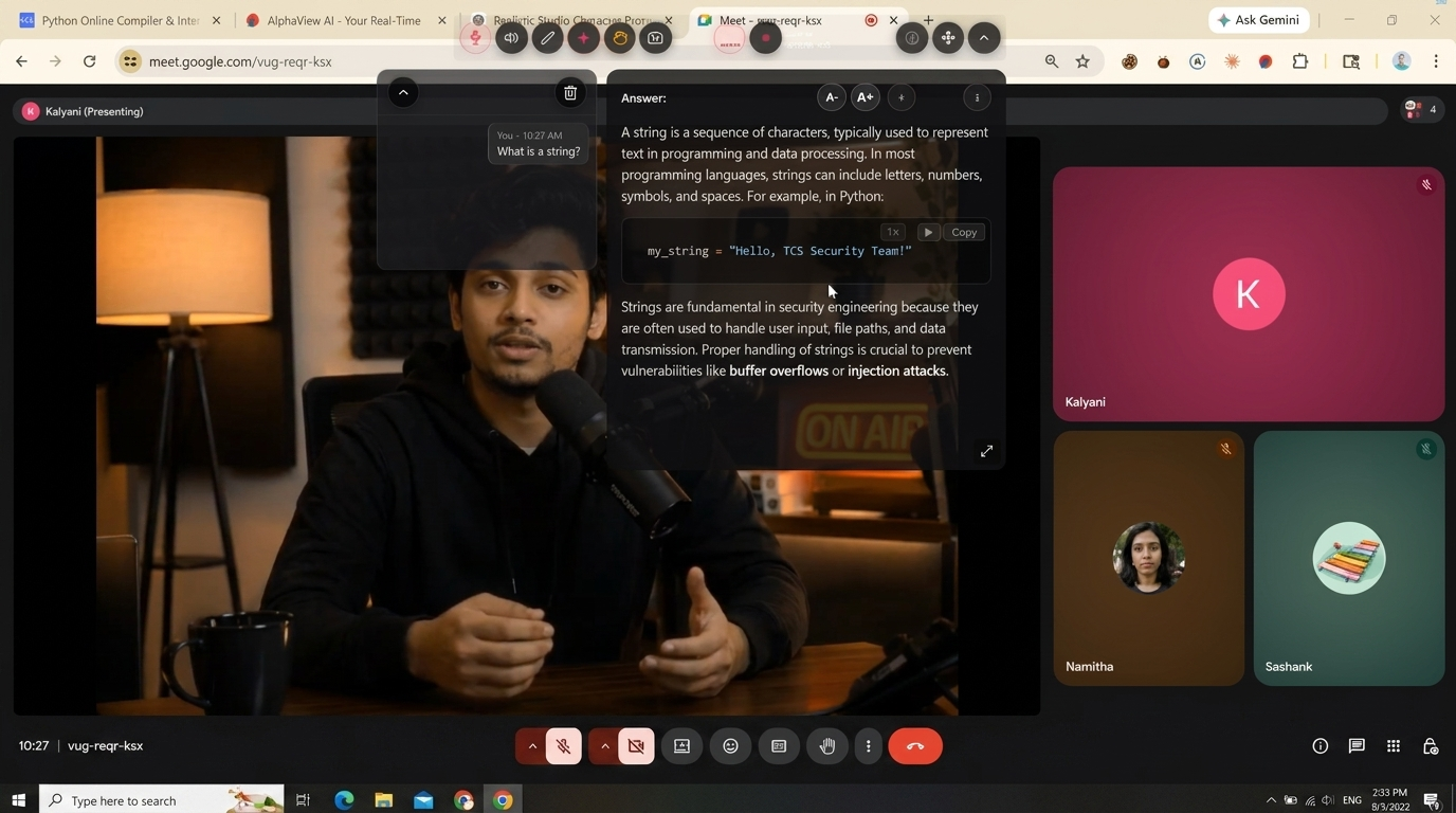 AlphaView AI overlay running on a Google Meet call, answering 'What is a string?' with code in a panel